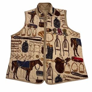 Ralph Lauren Silk Blend Equestrian Print Quilted Vest Reversible Beige Size 1X
